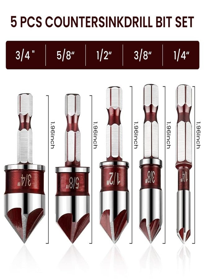 Serplex® Steel Countersink Drill Bit Set, 5Pcs, Sizes 3/4'' to 1/4'', Heavy Duty 82-Degree 5-Blade Design, Quick-Change Hex Shank, Versatile for Wood, Metal, Plastic, DIY & Professional Use - Image 2
